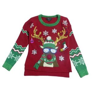 33 Degrees Sweater Womens XS Red Reindeer Ugly Christmas Snowflake Pom Pom